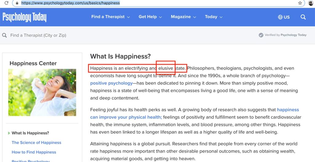 Happiness is Elusive, a screenshot of what is happiness from Psychology today