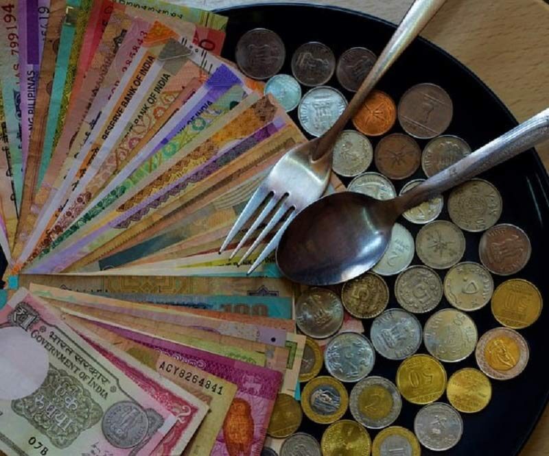 Basic income, coins, and bills on a plate with fork and spoon