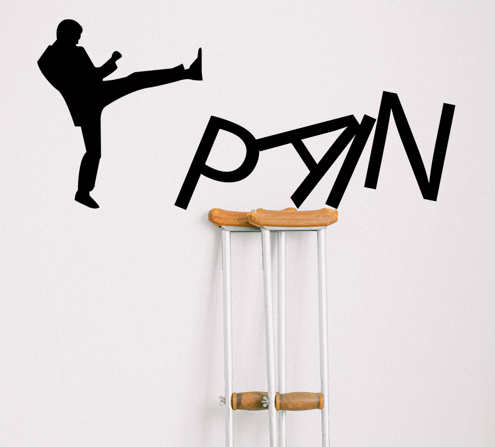 Pain word kicking by a man image over the crutch, happiness
