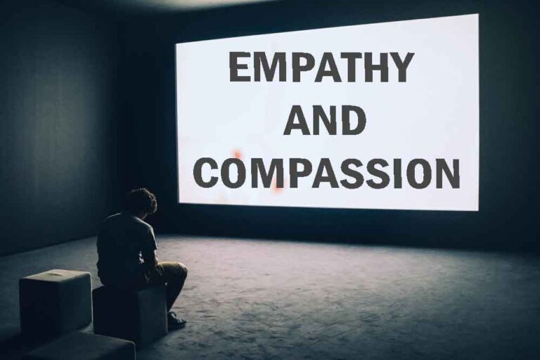 Man Sitting in Front of Turned-on Screen with wording of empathy and compassion