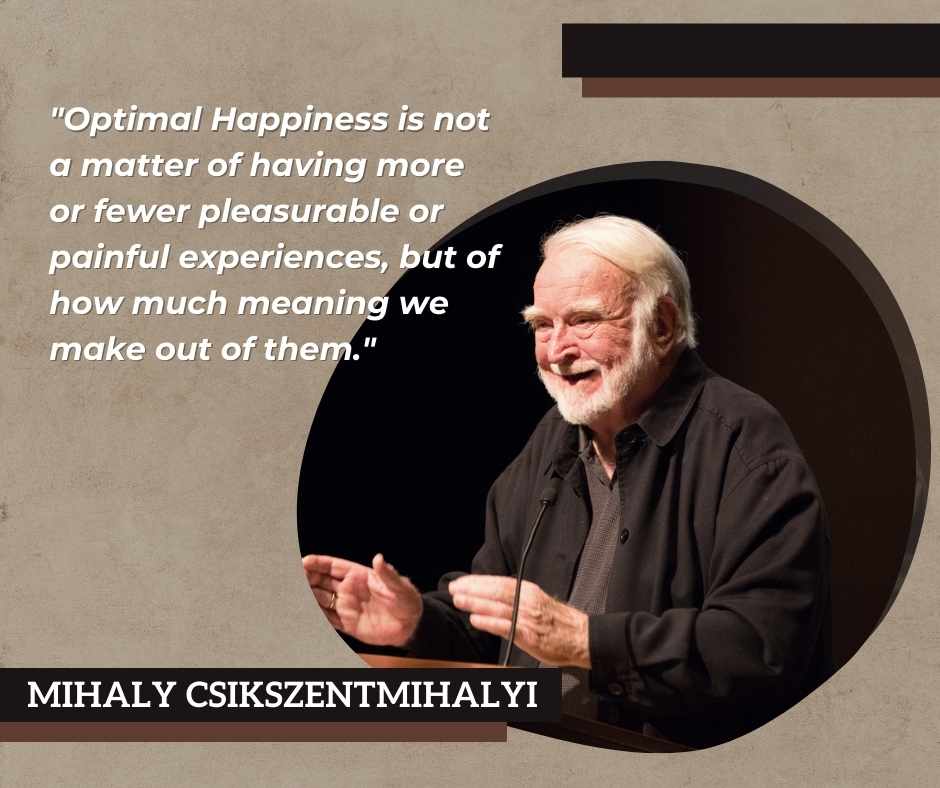  Mihaly Csikszentmihalyi states that "Optimal Happiness is not a matter of having more or fewer pleasurable or painful experiences, but of how much meaning we make out of them."