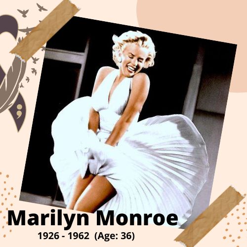 Marilyn Monroe, American Actress, 1926-1962, 36 y.o., celebrity who committed suicide.