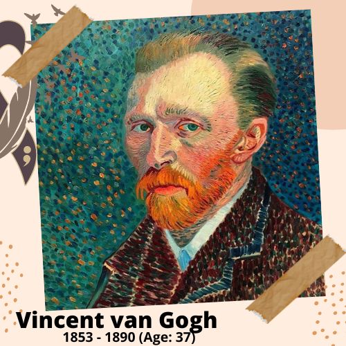 Vincent van Gogh, Dutch painter, 1853–1890, 37 y.o., celebrity who committed suicide.