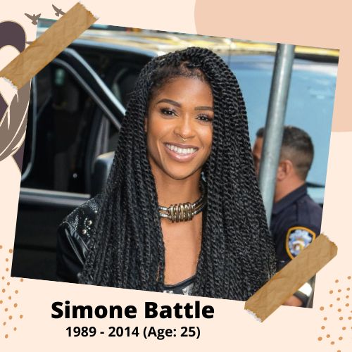Simone Battle, Singer & Actress, 1989–2015, 25 y.o., celebrity who committed suicide.