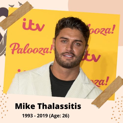 Mike Thalassitis, Reality TV Star & Footballer, 1993–2019, 26 y.o., celebrity who committed suicide.